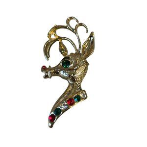 Vintage Gold-Tone Reindeer Brooch With Rhinestone Accents